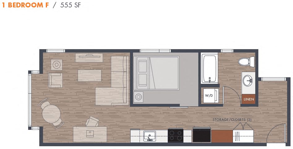 Floor plan for 1 bed, 1 bath, 555 sqft